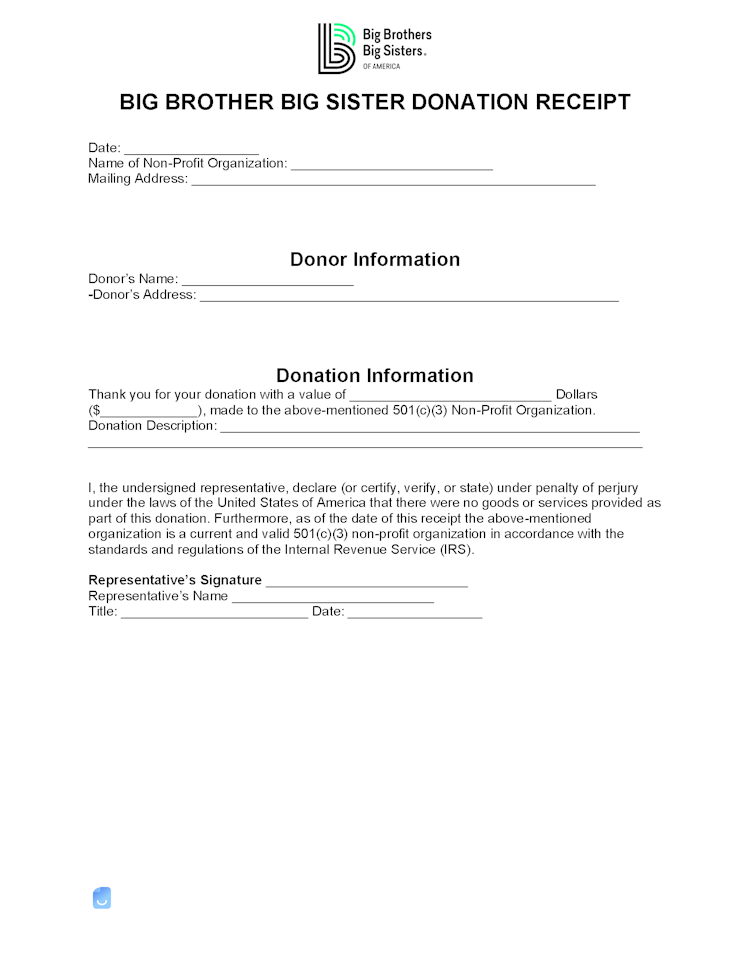 Big Brothers Big Sisters Donation Receipt Template | Invoice Maker
