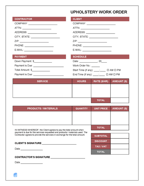Upholstery Work Order Template Invoice Maker