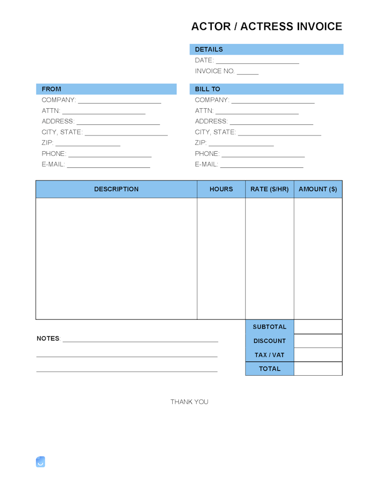 Actor/Actress Invoice Template file