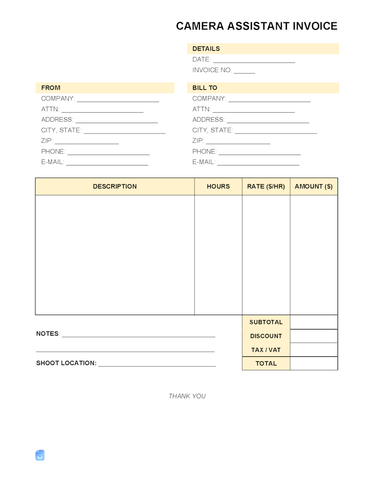 Camera Assistant Invoice Template file
