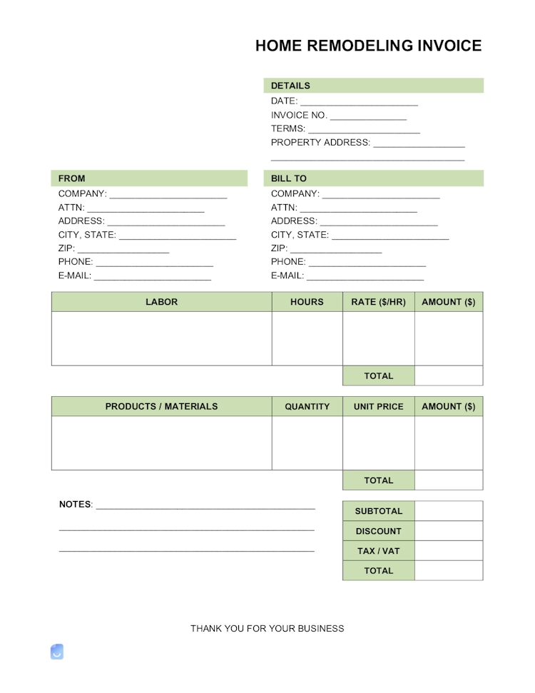 Home Remodeling Invoice Template file