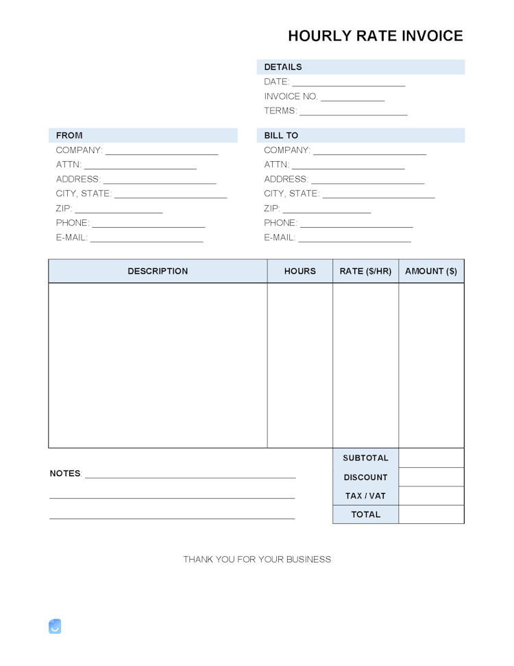 Hourly Rate ($/hr) Invoice Template file