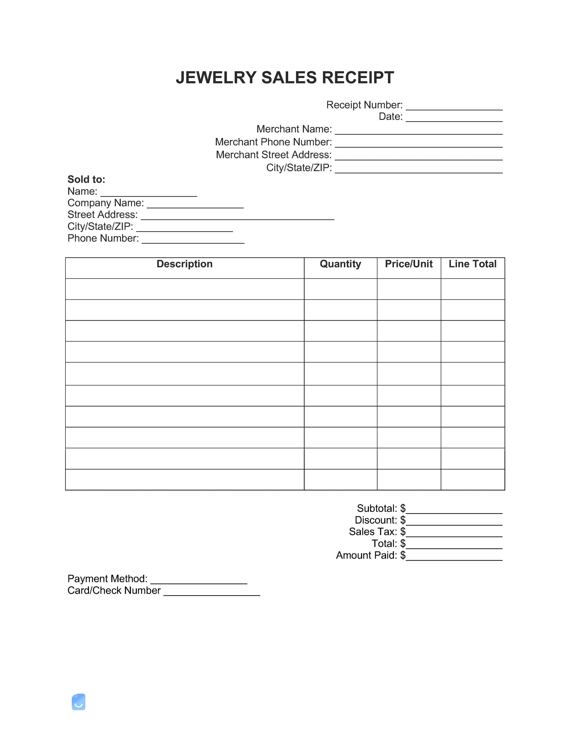 Printable Jewelry Sales Receipt Template Blank jewelry sales receipt template with fields for merchant info, buyer details, item description, quantity, price, and payment method