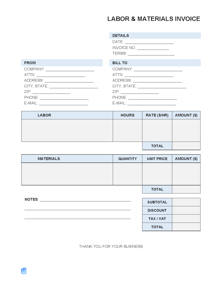 Labor and Materials Invoice Template file