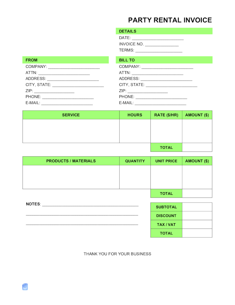 Party Rental Invoice Template file