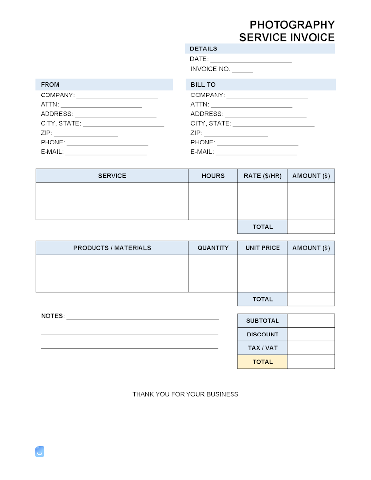 Photography Service Invoice Template file