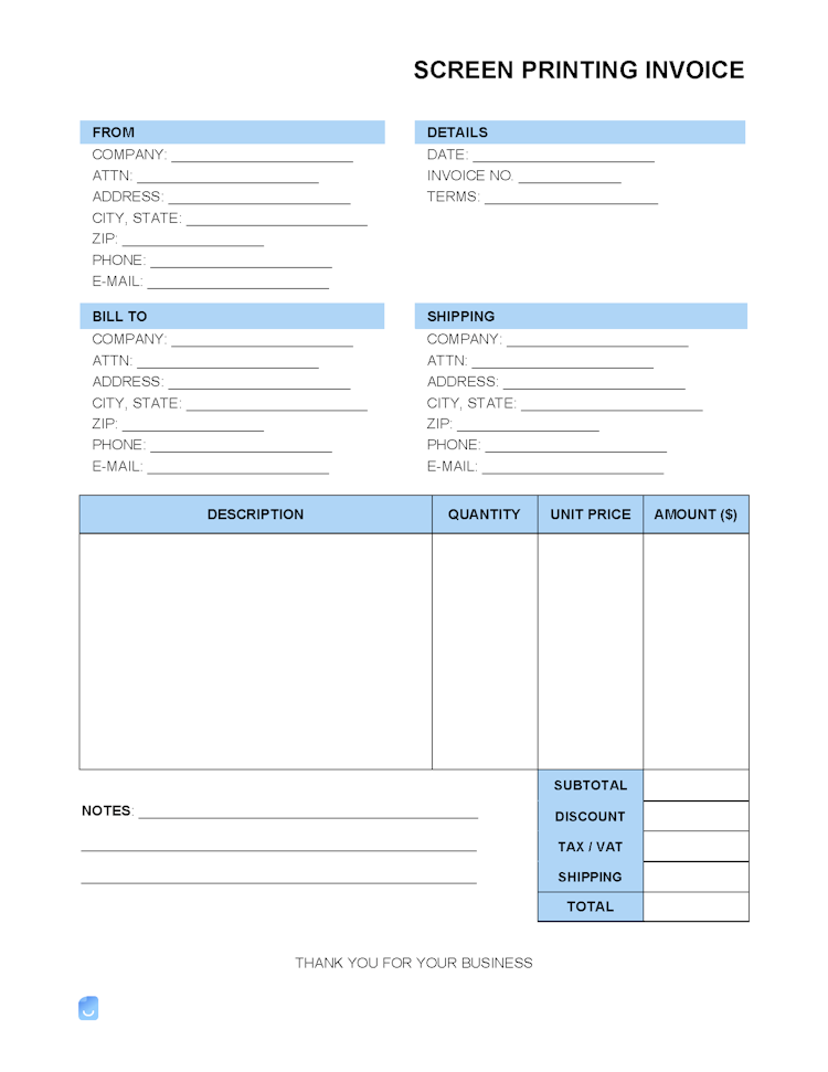 Screen Printing Invoice Template file