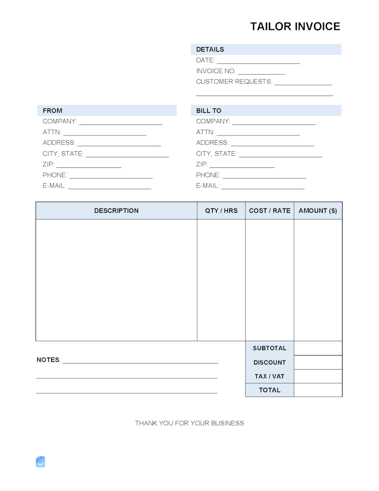 Tailor (Clothing) Invoice Template file