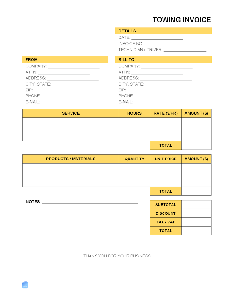 Towing Service Invoice Template file