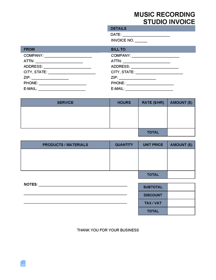 Free Music (Recording) Studio Invoice Template PDF, Word, XLS | Invoice ...