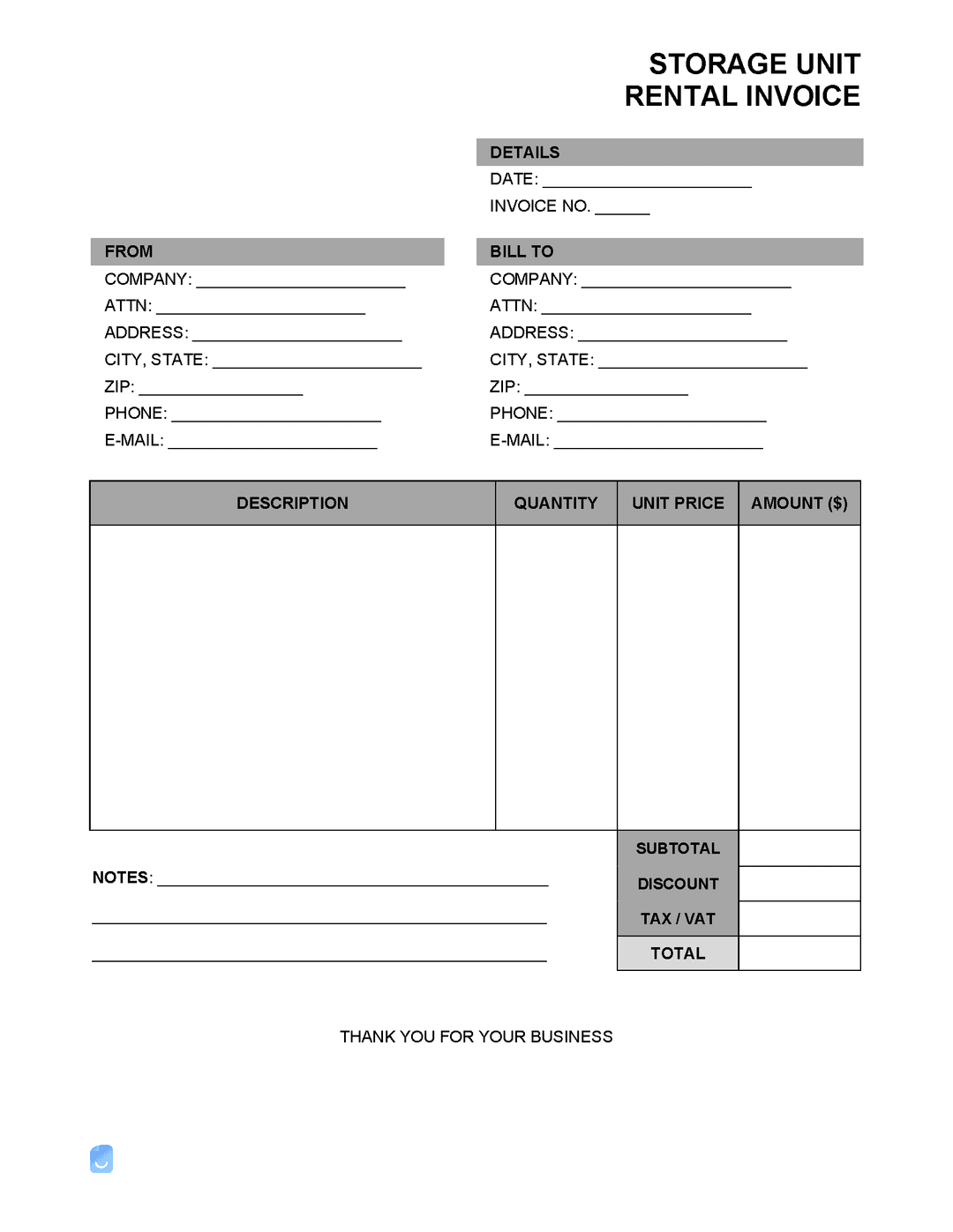 Free Storage Unit Rental Invoice Template PDF, Word, XLS | Invoice Maker
