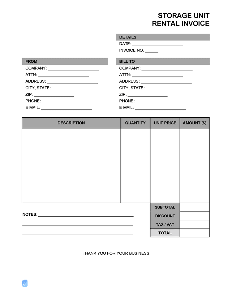 Free Storage Unit Rental Invoice Template PDF, Word, XLS | Invoice Maker