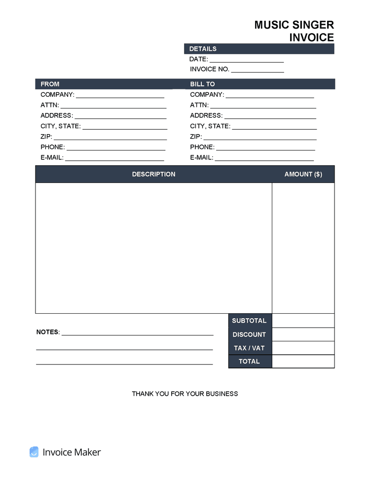 Free Music Singer Invoice Template PDF, Word, XLS | Invoice Maker