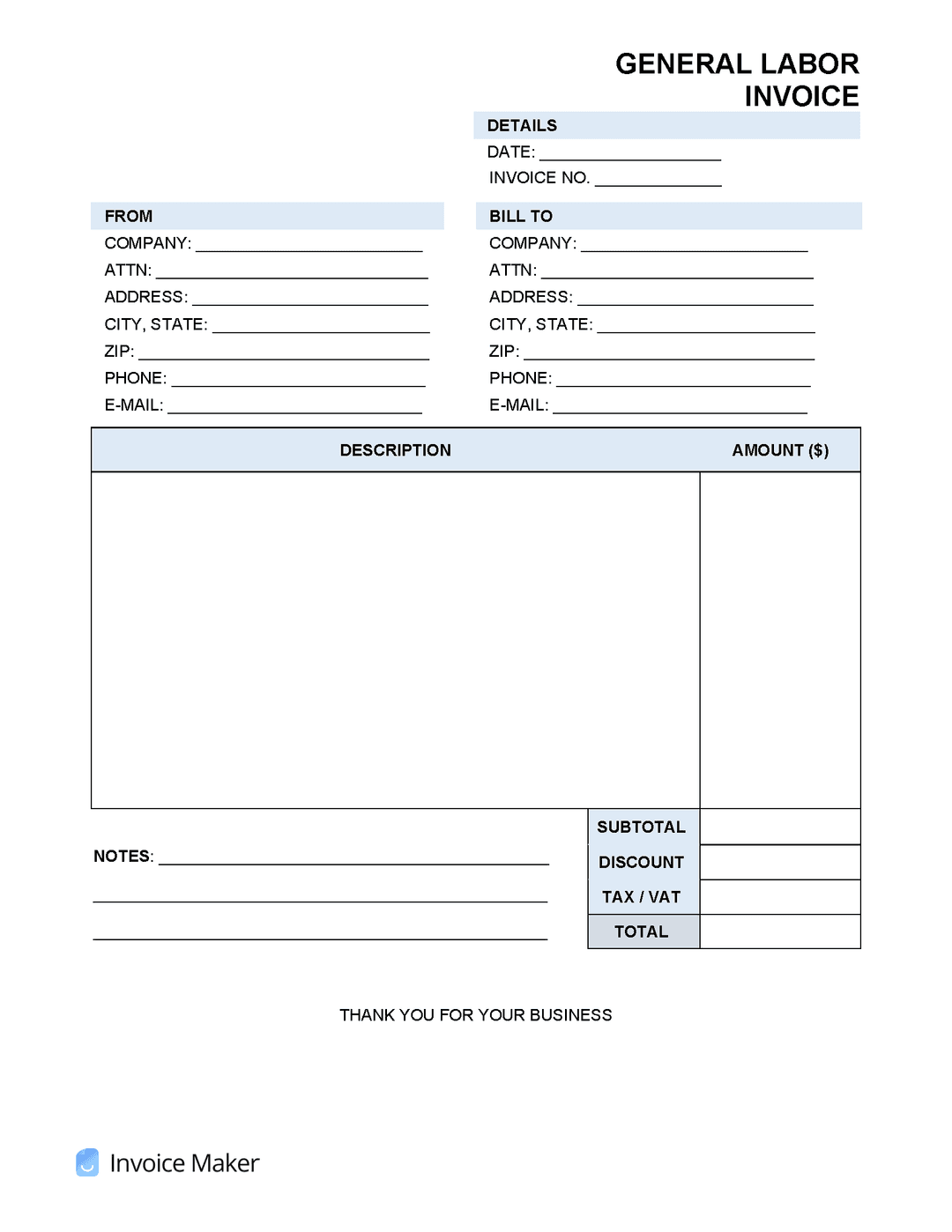 Free General Labor Invoice Template PDF, Word, XLS | Invoice Maker