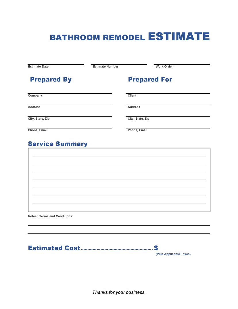 Free Bathroom Remodel Estimate Template PDF, Word, XLS Invoice Maker