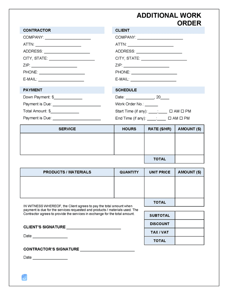 Additional (Extra) Work Order Template | Invoice Maker