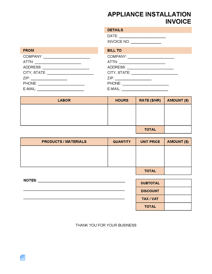 Free Appliance Installation Invoice Template PDF, Word, XLS | Invoice Maker