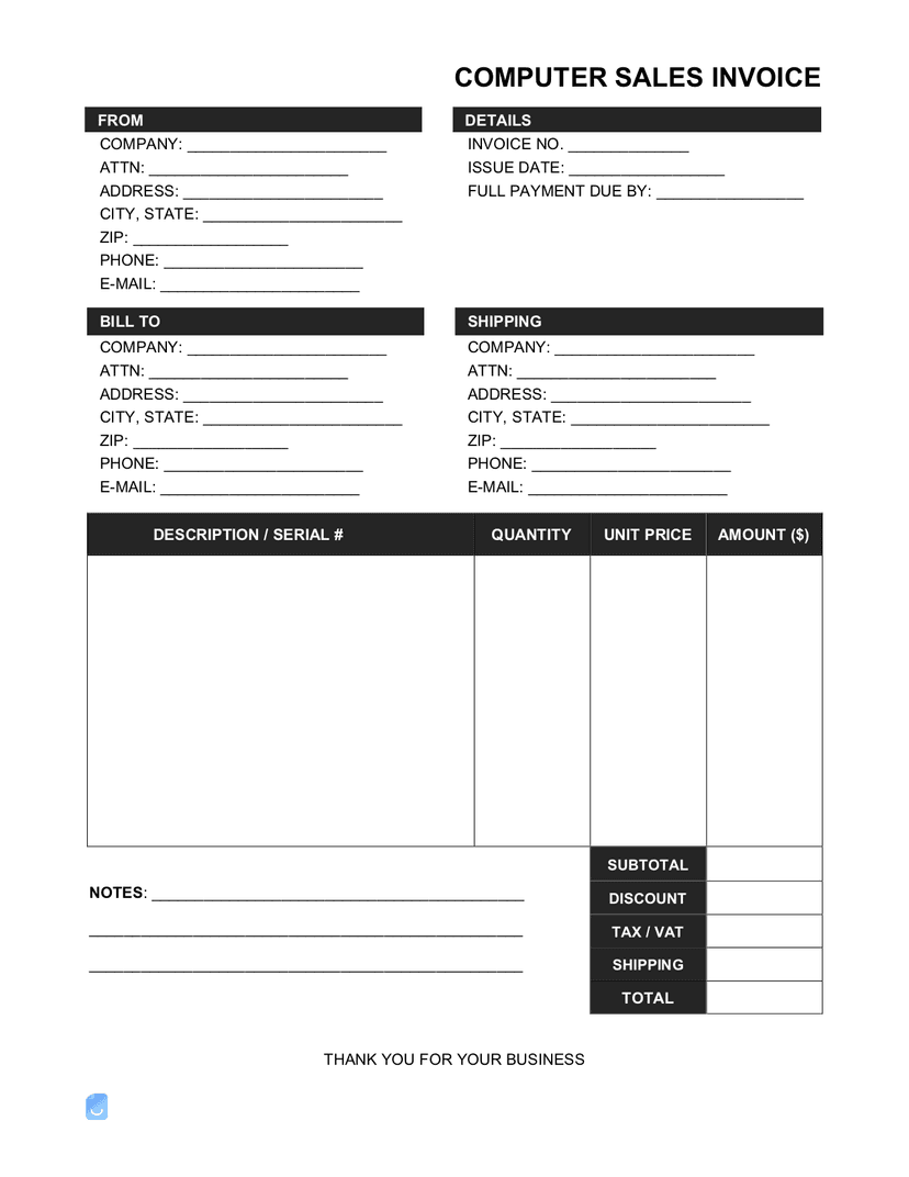 Free Computer Sales Invoice Template PDF, Word, XLS | Invoice Maker