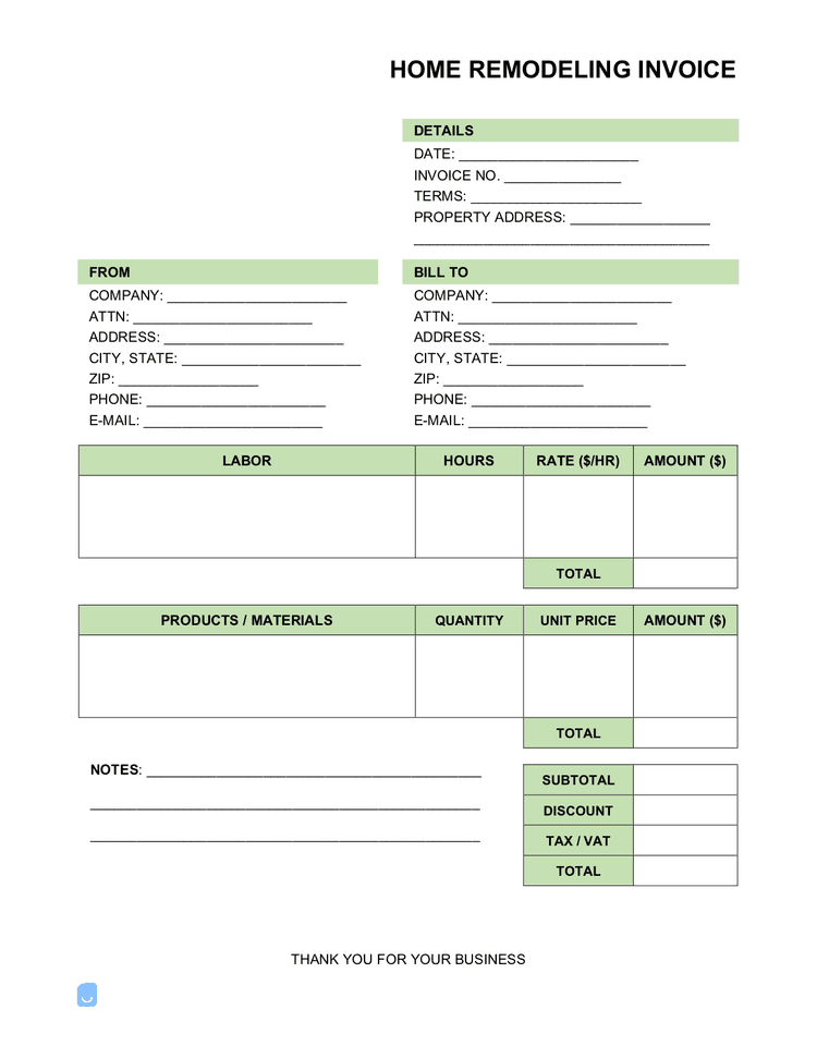 Free Home Remodeling Invoice Template PDF, Word, XLS | Invoice Maker