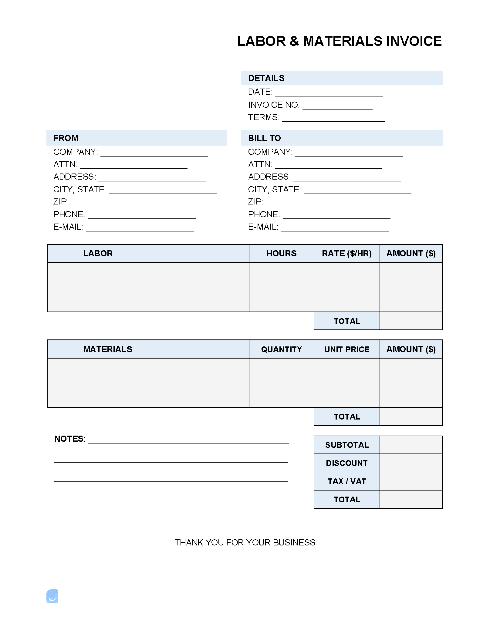 Labor and Materials Invoice Template Invoice Maker