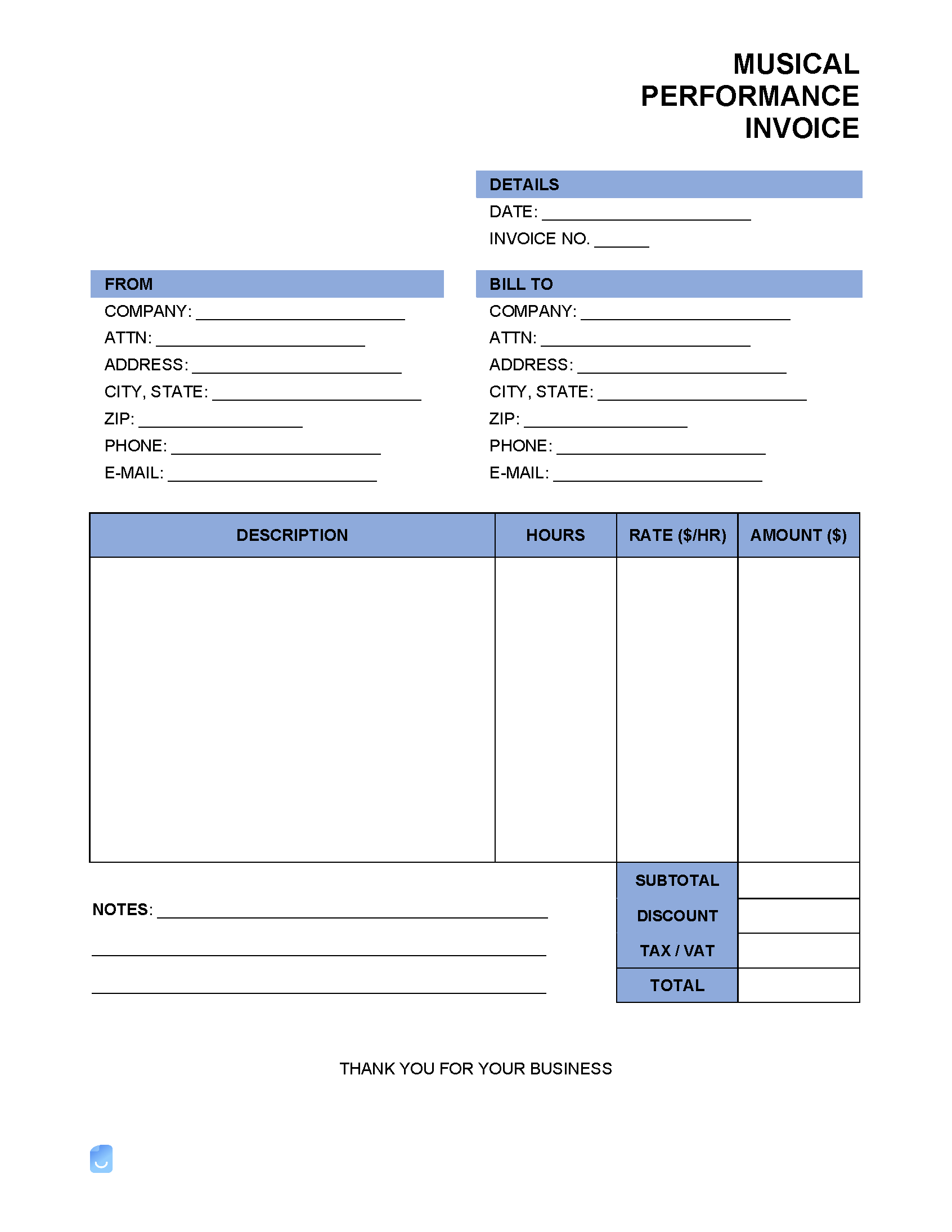 Free Musical Performance Invoice Template PDF, Word, XLS | Invoice Maker