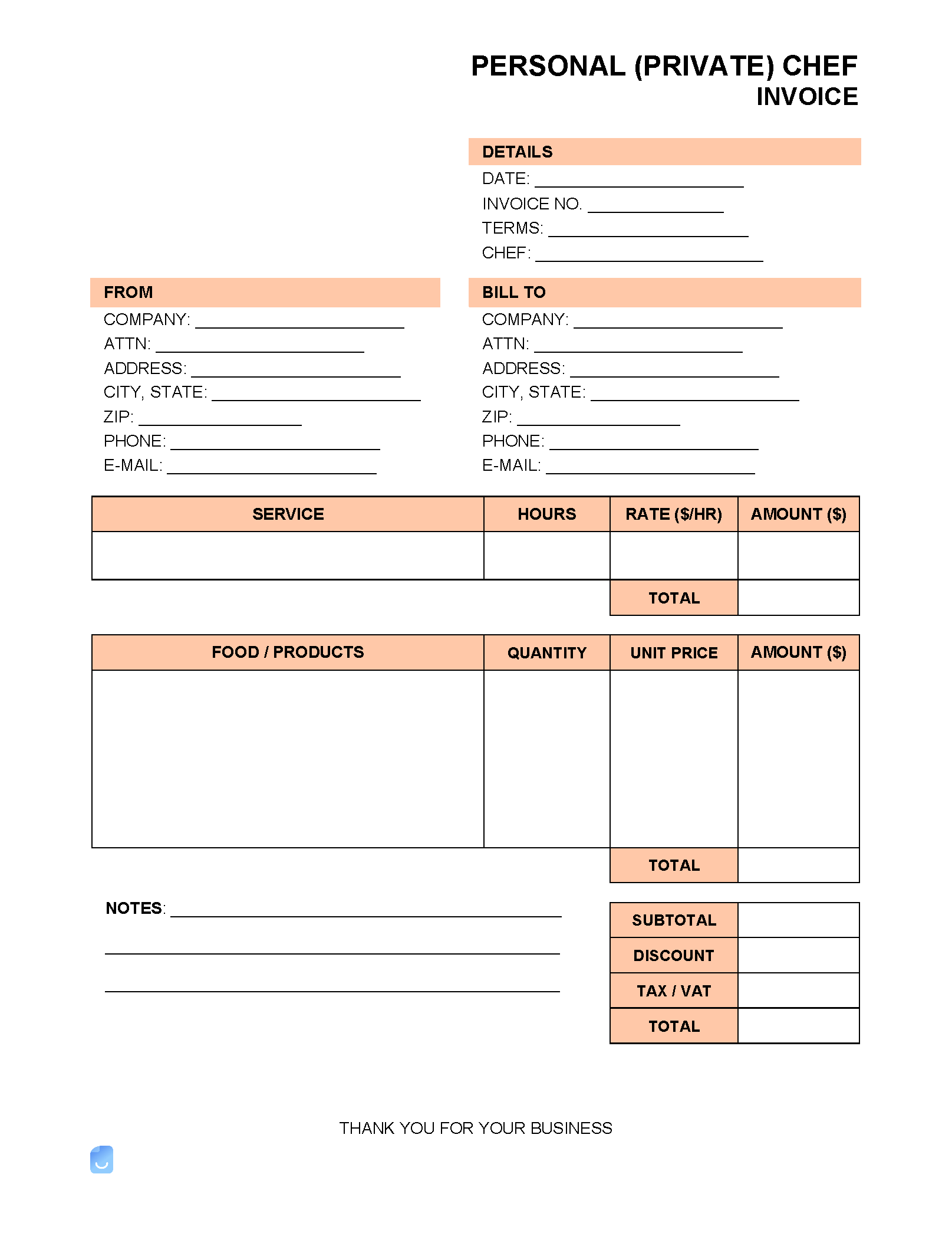 Free Personal (Private) Chef Invoice Template PDF, Word, XLS | Invoice ...