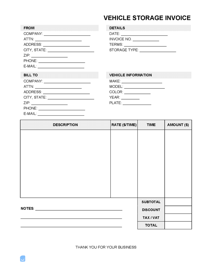 Free Vehicle Storage Invoice Template PDF, Word, XLS | Invoice Maker
