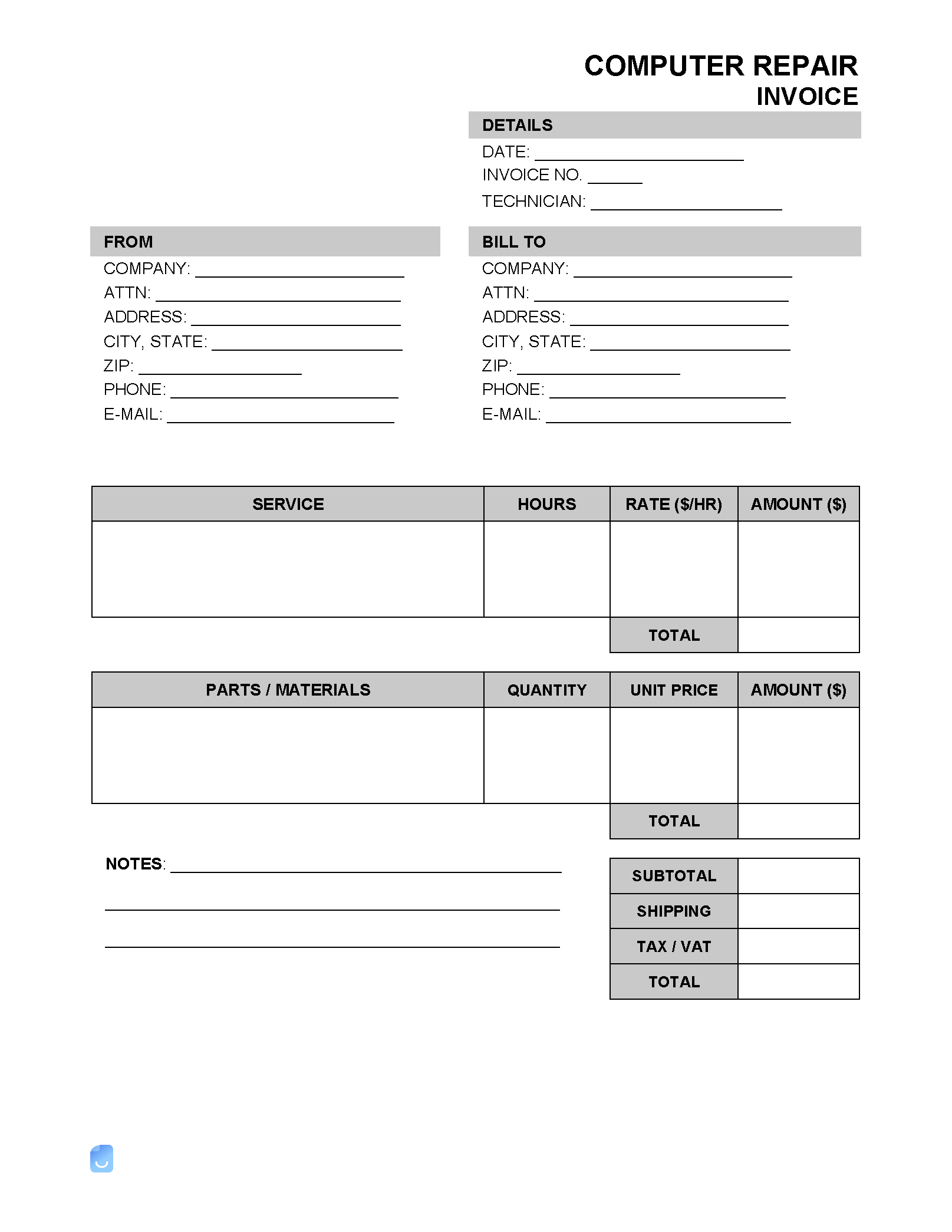Repair Invoice Templates Invoice Maker
