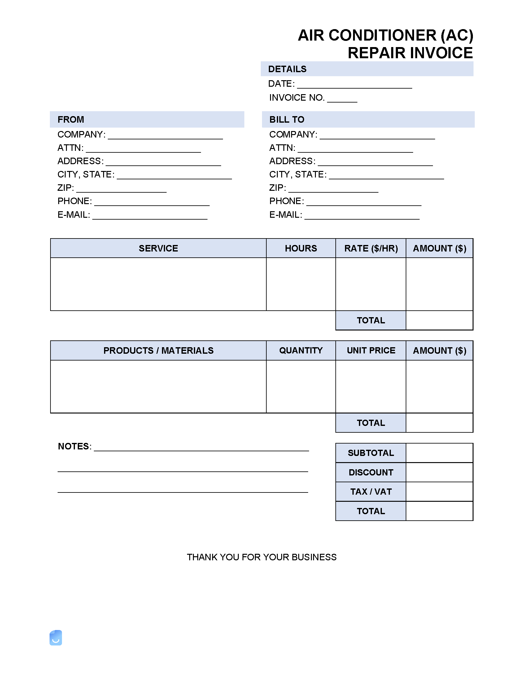 Air Conditioner AC Repair Invoice Template Invoice Maker