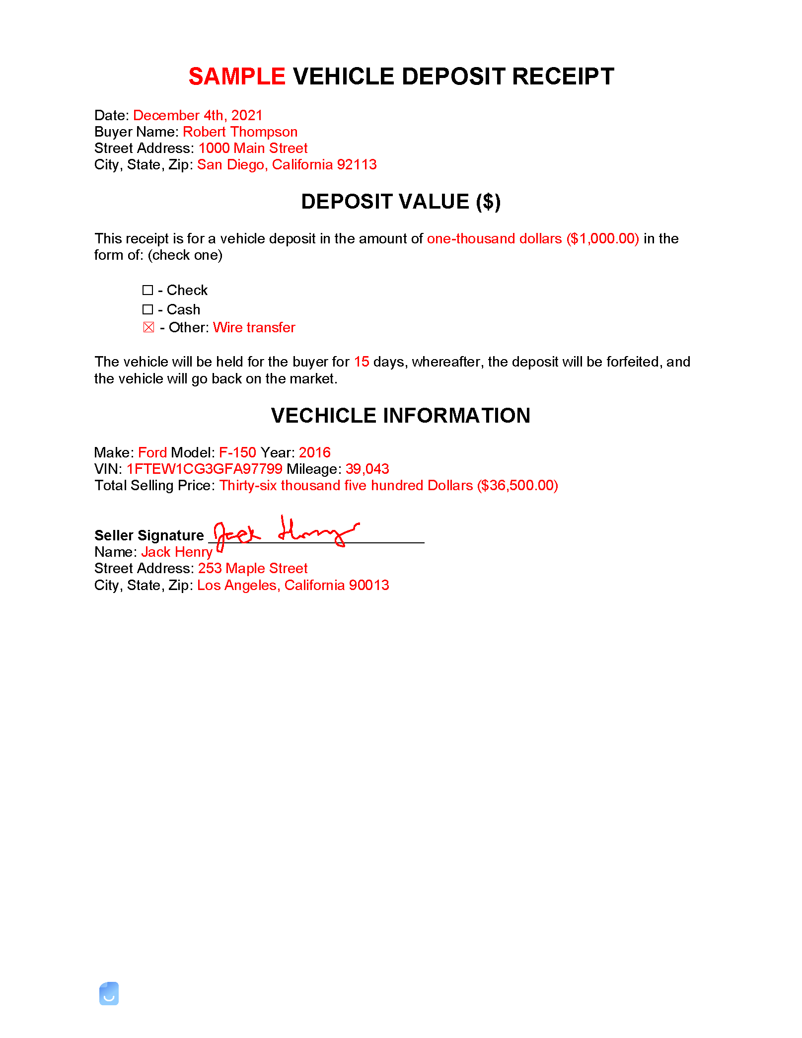 Car Deposit Receipt Template Invoice Maker