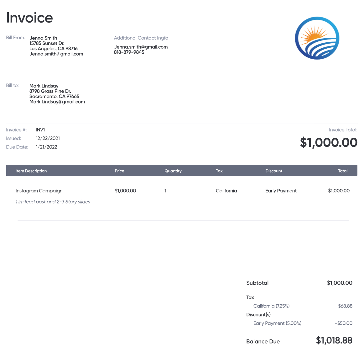 an example invoice document with a company logo and all the fields described above